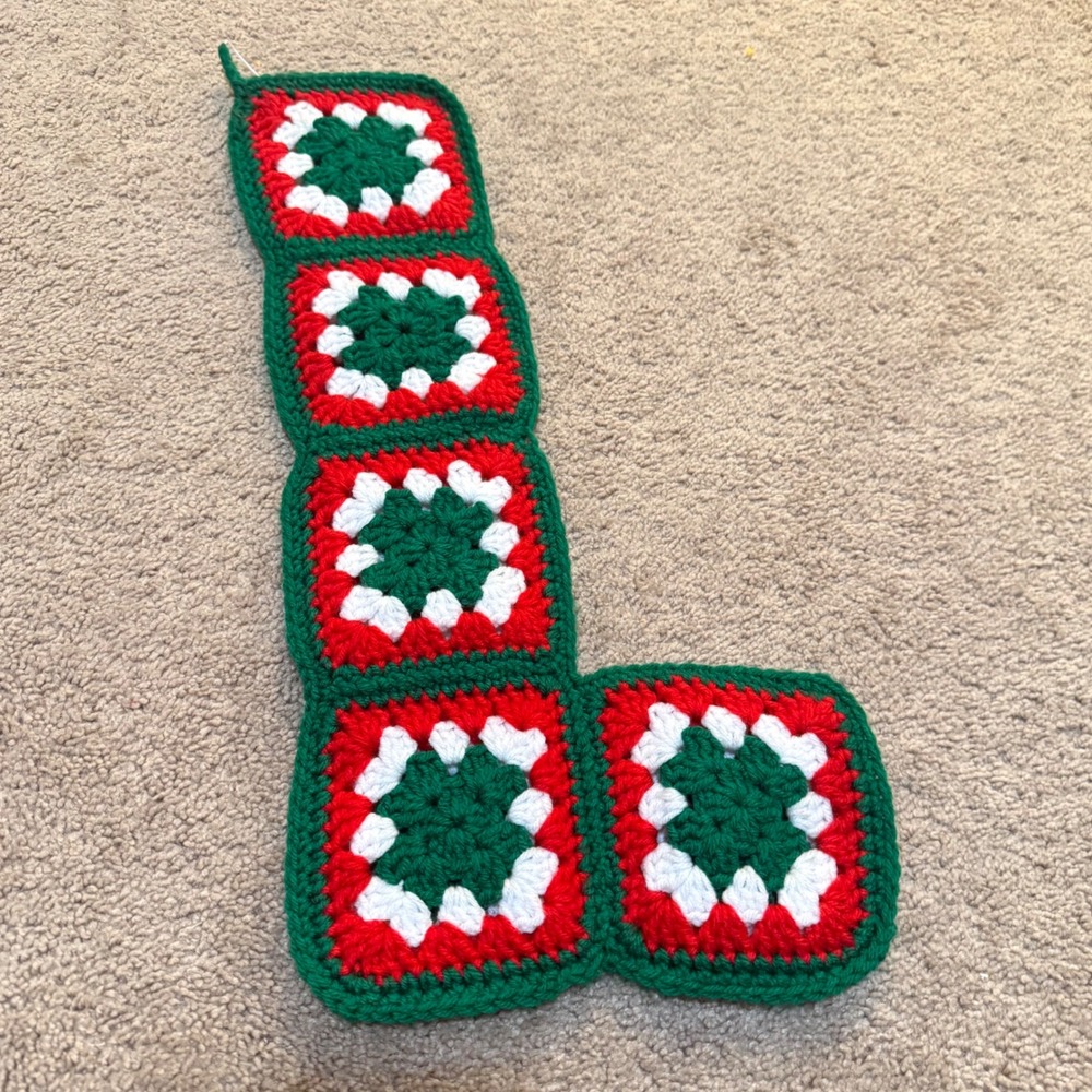 Handmade Crochet Christmas Stocking Green Red White Granny Square Holiday Decor